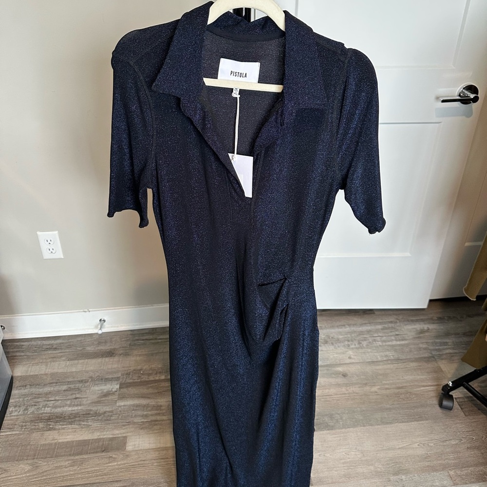 Pistola Navy Shimmer Stretch Front Draped Short Sleeve T-shirt V-neck Midi Dress